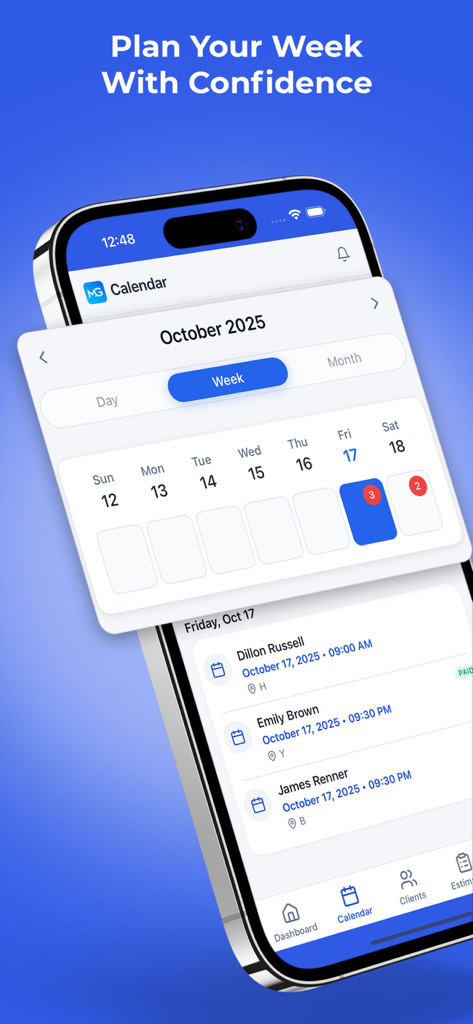 MaidGrow app screenshot showing a weekly calendar view with scheduled cleaning appointments for a residential service business.
