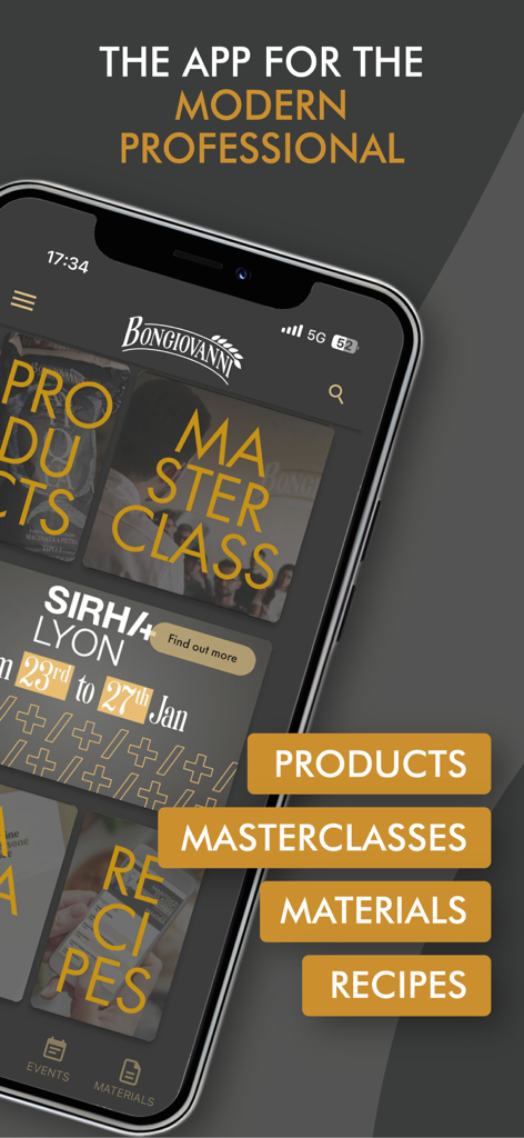 Bongiovanni-App-Startbildschirm für professionelle Handwerker mit Meisterkursen, Produkten und Rezepten