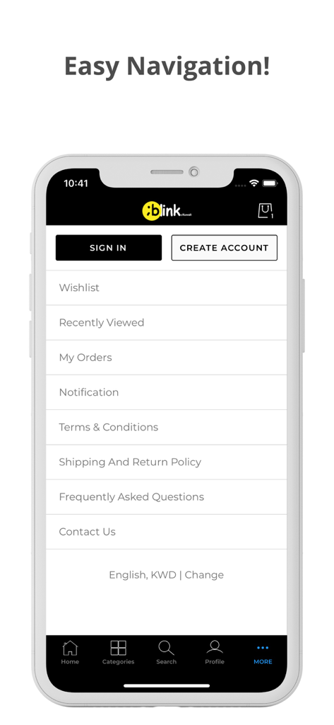 Blink Online Shopping - Menú de la aplicación Blink Compras Online mostrando opciones de navegación sencillas.