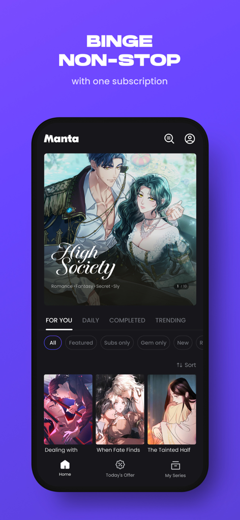 Manta mobile app home screen showing webtoon titles and subscription offer.