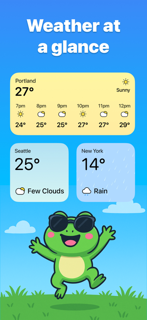 Captura de pantalla de la aplicación Weather Plus que muestra elegantes widgets meteorológicos para Portland, Seattle y Nueva York con una alegre rana de dibujos animados