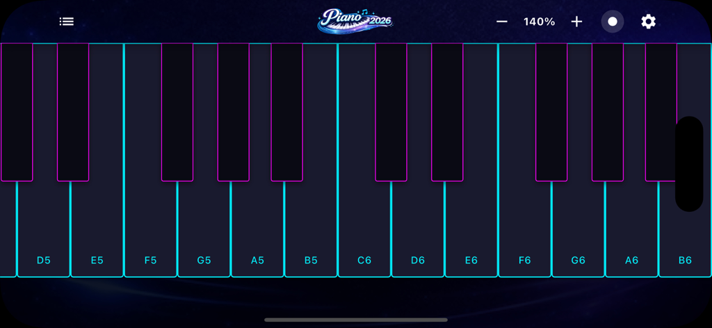 Piano 2026 – Learn piano fast - Clavier de piano numérique avec des contours bleu néon et rose et des étiquettes de notes de musique