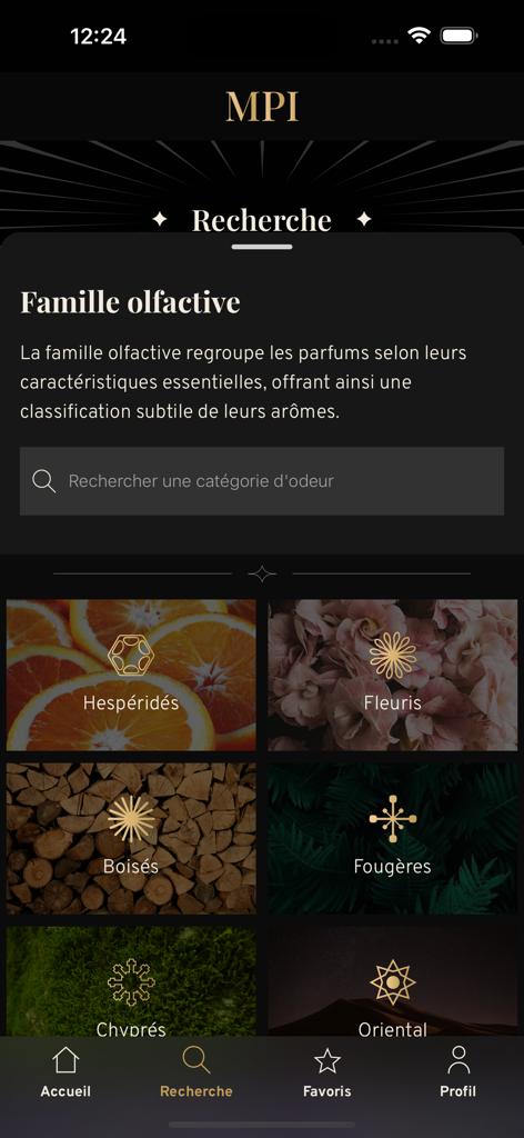 Mon parfum idéal - Search interface of the Mon Parfum Ideal app displaying various fragrance categories including Citrus, Floral, and Woody.