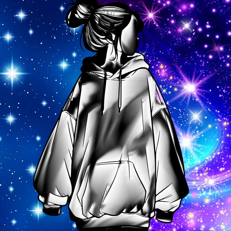 realistic girl with a oversized sweatshirt on and a bun