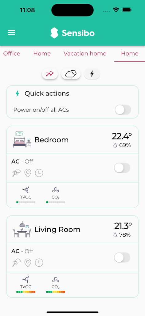 Sensibo - Sensibo app interface displaying room temperature humidity and air quality data