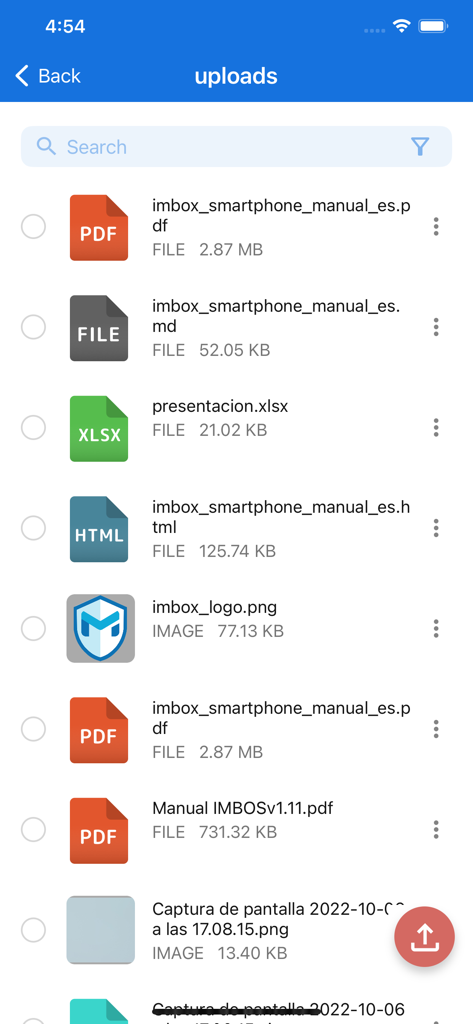 The uploads section of the IMBox app displaying a list of shared professional documents including PDFs and spreadsheets.