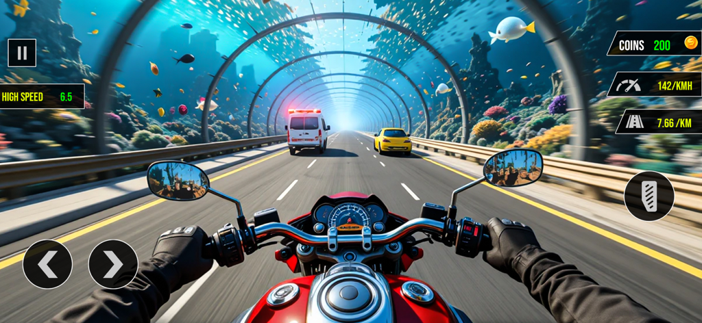 SpeedTrail3D :Moto Bike Go - First person view of a red motorbike racing through a 3D underwater glass tunnel with fish and coral.