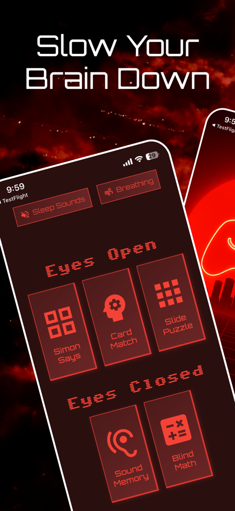 Sleep Arcade app interface showing a menu of low stimulation eyes open and eyes closed games