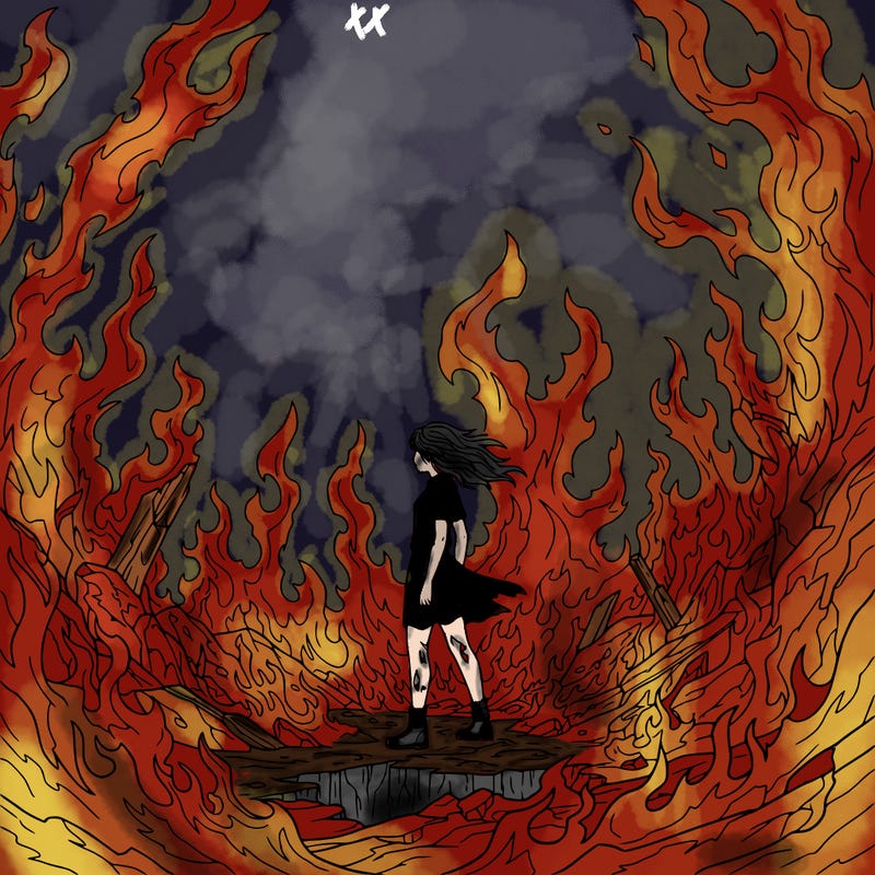 there is fire evey where and a girl standing