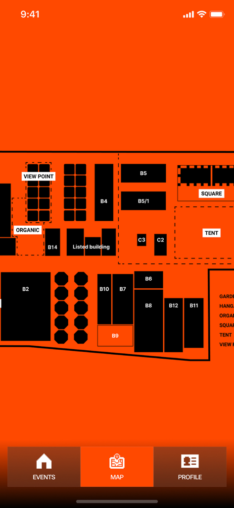 ETKO — Events & Tickets - Interactive map of the ETKO event venue showing various zones and buildings.