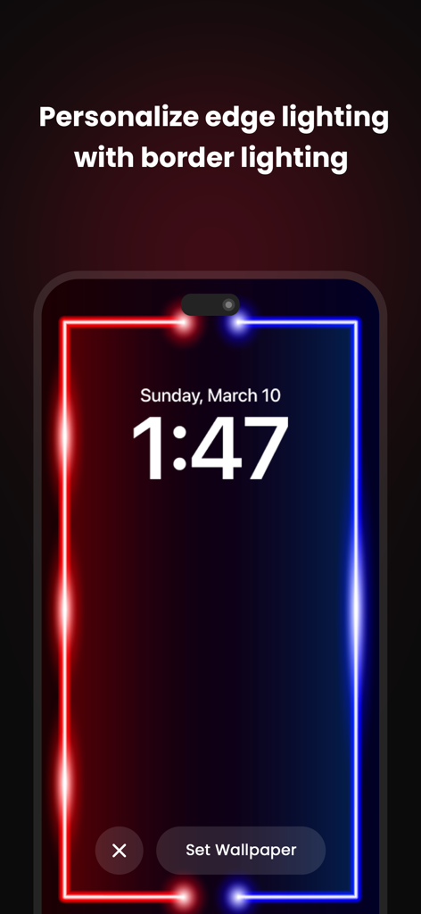 EDGE Lighting -LED Borderlight - Smartphone screen displaying a vibrant red and blue neon edge lighting border