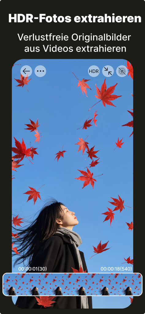 Fotee - 视频转照片高清截图实况截取视频抽帧截图 - Fotee app interface showing the extraction of high quality HDR photos from a video of a woman in autumn leaves