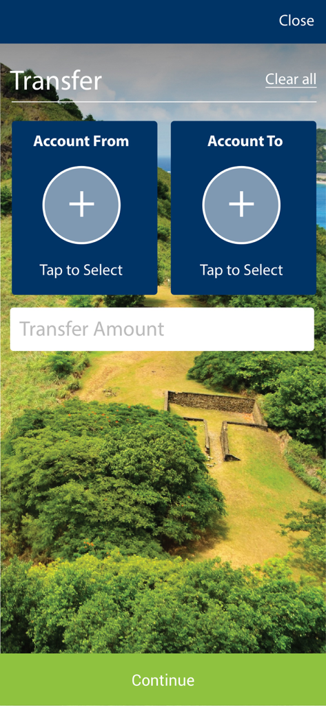 Bank of Saint Lucia - Bank of Saint Lucia mobile app transfer funds screen showing account selection and amount input