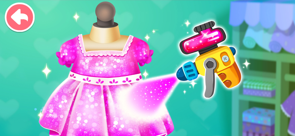 Baby Panda's Fashion Dress Up - A pink dress on a mannequin being decorated with a glitter spray tool in a fashion design game.