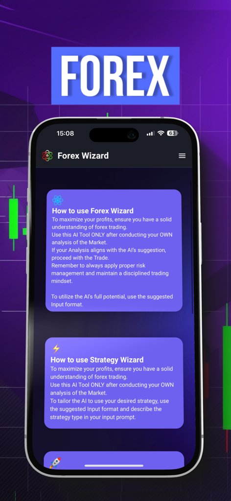 Forex Wizard - Mobile screen showing instructions for using the Forex Wizard and Strategy Wizard AI tools.