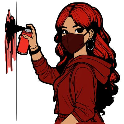 realistic girl with mask spray painting a wall