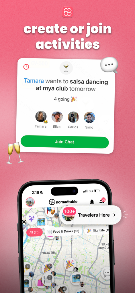 nomadtable: travel friends - Nomadtable app interface showing a map of nearby travelers and an activity card to join a group for salsa dancing.