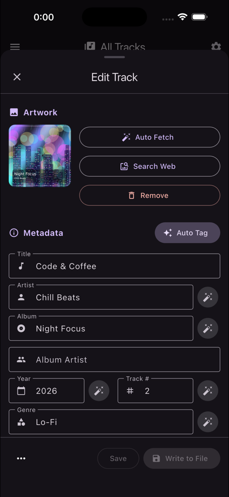 QuickPlayer - Music & Video - Music track metadata and artwork editor interface in QuickPlayer