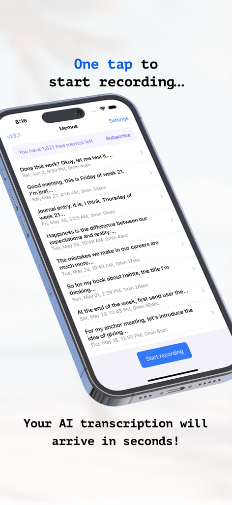 Whisper Memos - Speech to text - Whisper Memos app interface showing a list of transcribed voice notes on an iPhone