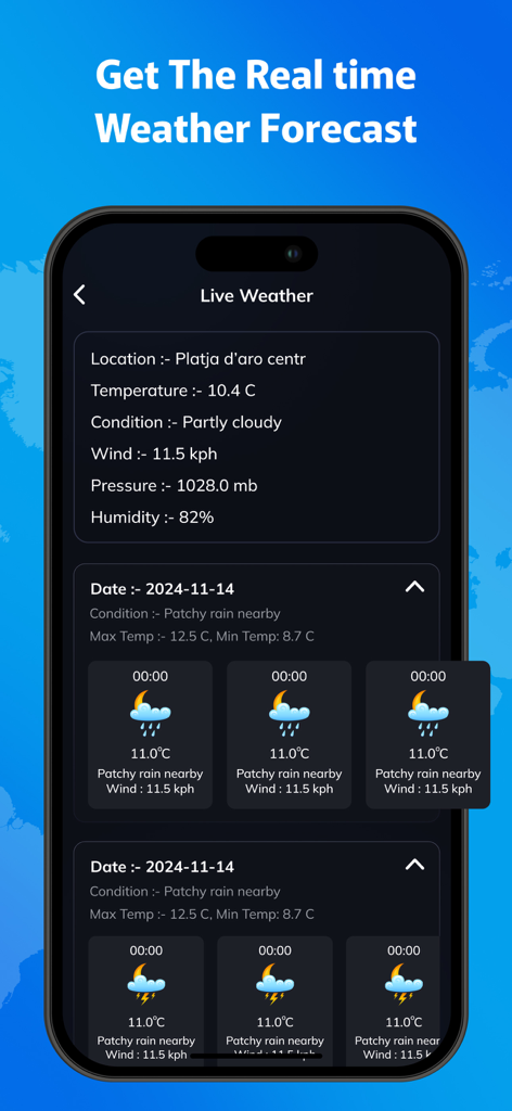 Pantalla de pronóstico meteorológico en tiempo real que muestra datos de temperatura y viento para una ubicación específica en la aplicación LiveCam