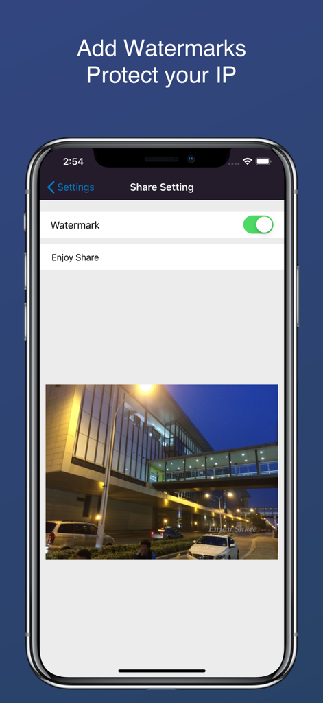 FlashAir Image Share - FlashAir Image Share app interface showing the watermark settings screen with a toggle and a watermarked photo preview