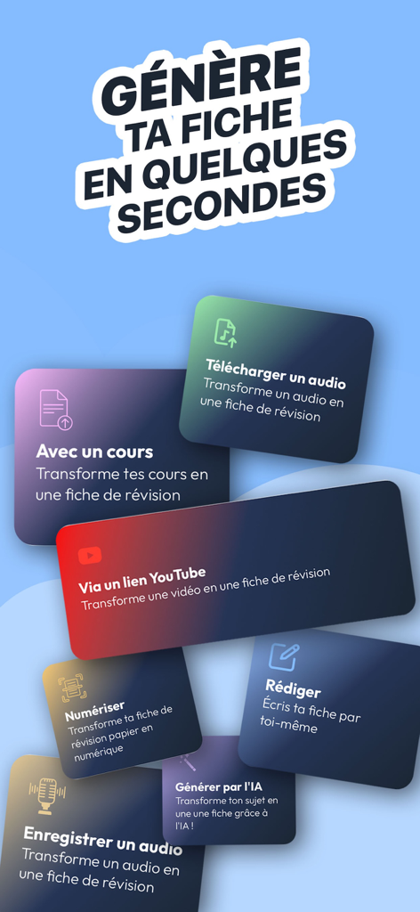 Plume - Fiches de revision - Interfaz de la aplicación Plume mostrando varios métodos para generar hojas de estudio, incluyendo IA, escaneo de documentos y enlaces de YouTube
