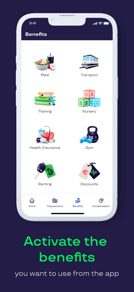 Cobee by Pluxee - Interfaccia mobile di Cobee by Pluxee che mostra un elenco di benefit aziendali, inclusi pasti, trasporti, formazione e asilo nido.