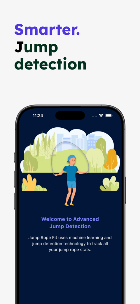 Jump Rope Fit - Smartphone screen showing the Jump Rope Fit app featuring smarter jump detection technology powered by machine learning.