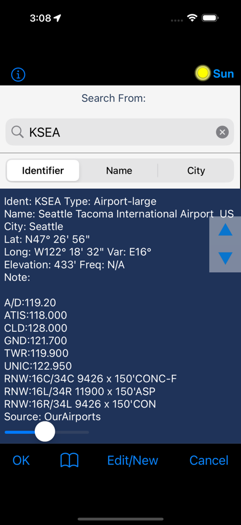 FlyBy Nav - FlyBy Nav app showing detailed technical information for Seattle Tacoma International Airport KSEA