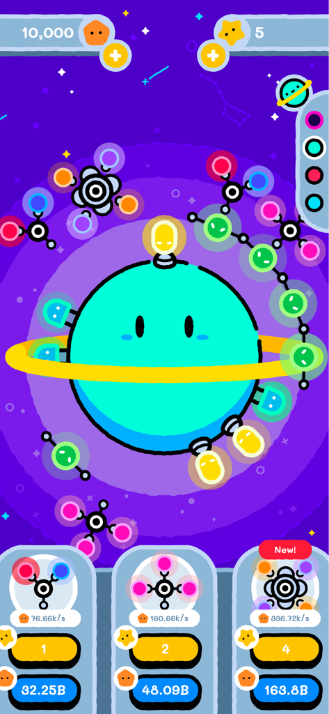 Idle Pocket Planet - Gameplay of Idle Pocket Planet showing a teal planet with orbital structures and scientific upgrades in a space setting