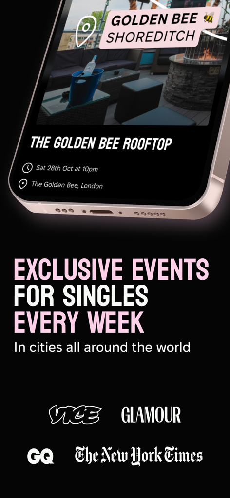 Thursday Events - 목요일 이벤트 앱에서 싱글들을 위한 루프탑 파티 목록을 보여주는 스마트폰 화면, GQ와 The New York Times와 같은 미디어 로고 포함.