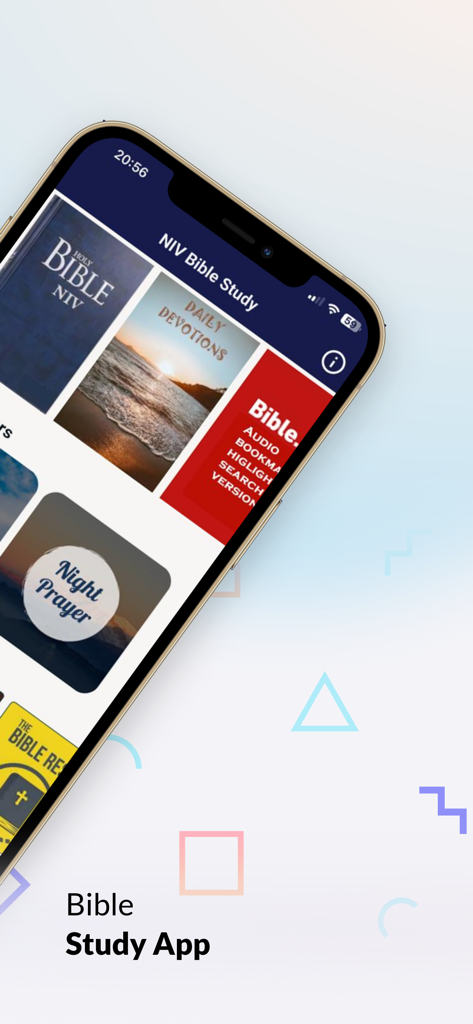 Bible NIV: with study tools - Captura de pantalla de la pantalla de inicio de la aplicación de estudio Biblia NIV, que muestra devocionales diarios y herramientas de oración