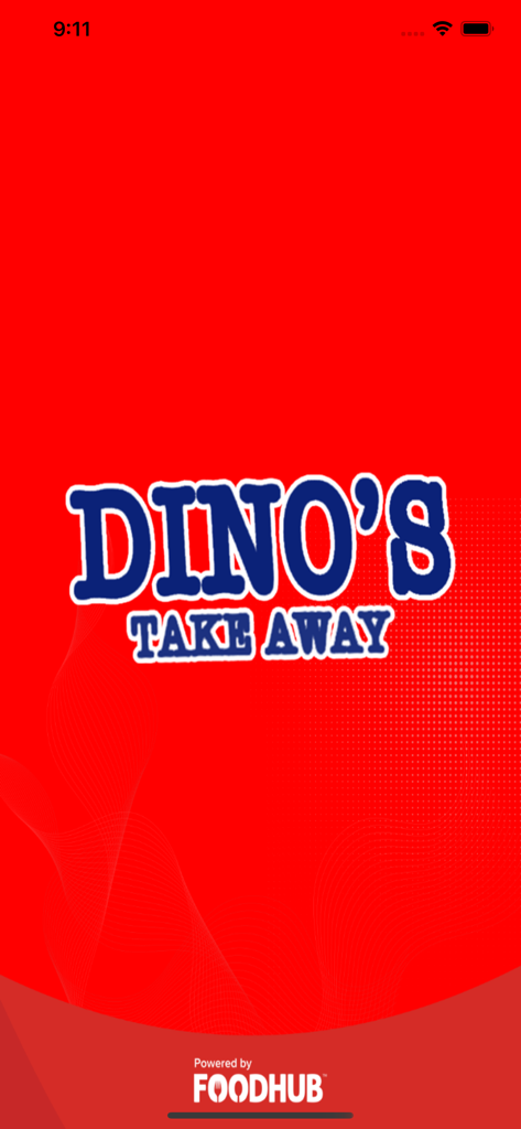 Dinos Takeawayモバイルアプリのスプラッシュスクリーン。赤い背景に会社のロゴが表示されています。