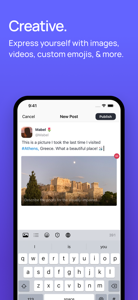 Screenshot der Mastodon-App, der die Benutzeroberfläche zur Erstellung eines neuen Beitrags mit Text und einem Foto von Athen zeigt.