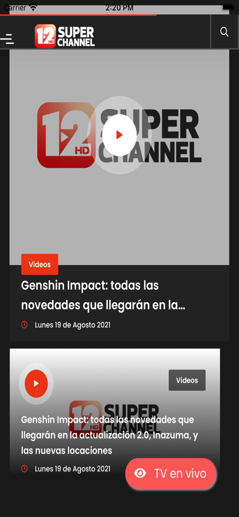 Super Channel 12 - Mobile interface of the Super Channel 12 news app showing video news articles and a live TV button