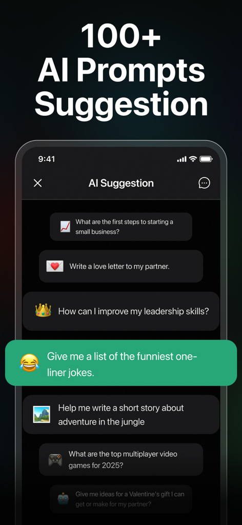 AI Chat: AI Assistant - Mobile app screen showing a list of AI prompt suggestions for business, creative writing, and entertainment.