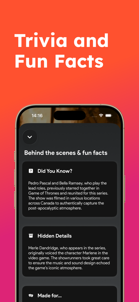 Upflix app interface displaying movie trivia and behind the scenes fun facts for streaming content.