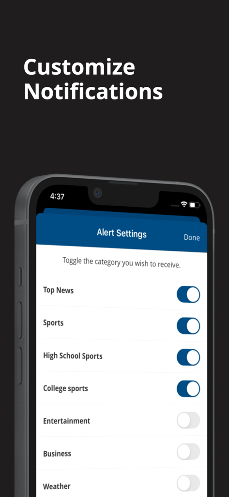 Interface for customizing news alert settings in the St. Paul Pioneer Press app showing toggles for sports and local news