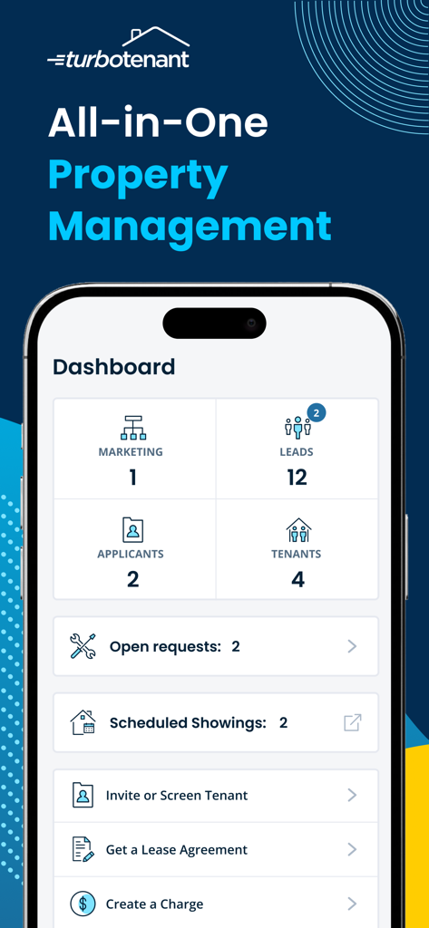 TurboTenant für Vermieter Mobile App Dashboard mit All-in-One-Hausverwaltungstools für Marketing-Leads und Mieterprüfung