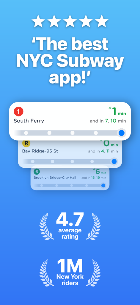 NYC Transit app screen displaying high user ratings and live MTA subway arrival updates