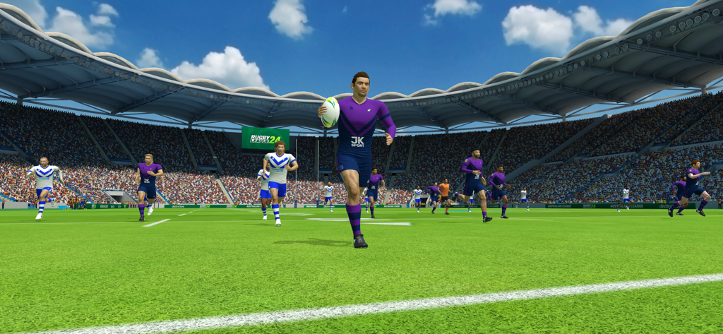 Rugby League 24 - A rugby player running with the ball in a packed stadium in Rugby League 24
