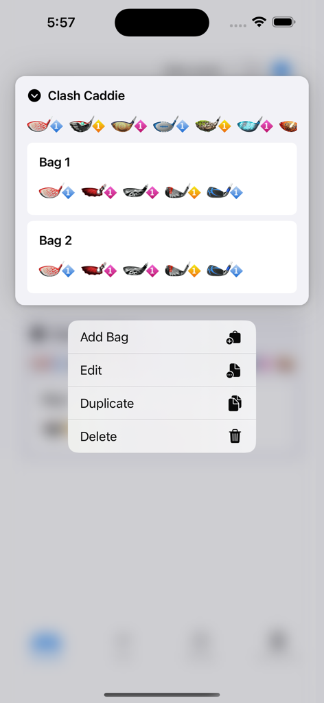 Clash Caddie - Interfaz de la aplicación Clash Caddie mostrando opciones para gestionar múltiples bolsas de palos de golf, incluyendo añadir, editar y duplicar