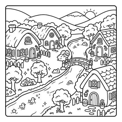 Discover the joy of coloring with this adorable Kawaii Riverside Cottages template. Featuring charming houses, a winding river, and cute ducks, it's perfect for a relaxing artistic escape.