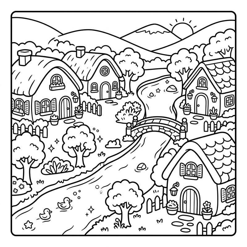 Discover the joy of coloring with this adorable Kawaii Riverside Cottages template. Featuring charming houses, a winding river, and cute ducks, it's perfect for a relaxing artistic escape.