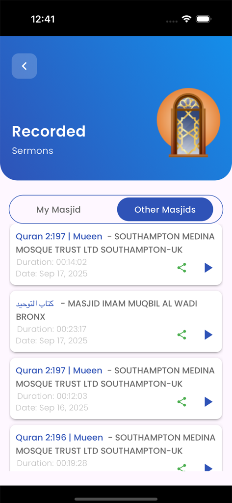 Live Mosque - A list of recorded Islamic sermons and Quran lessons from various mosques on the Live Mosque app.