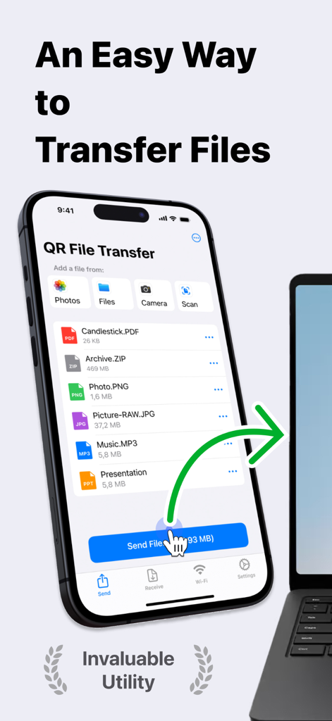 Data Dropアプリのインターフェースを示すスクリーンショット。様々なファイルタイプでiPhoneからラップトップへのワイヤレスファイル転送を表示。