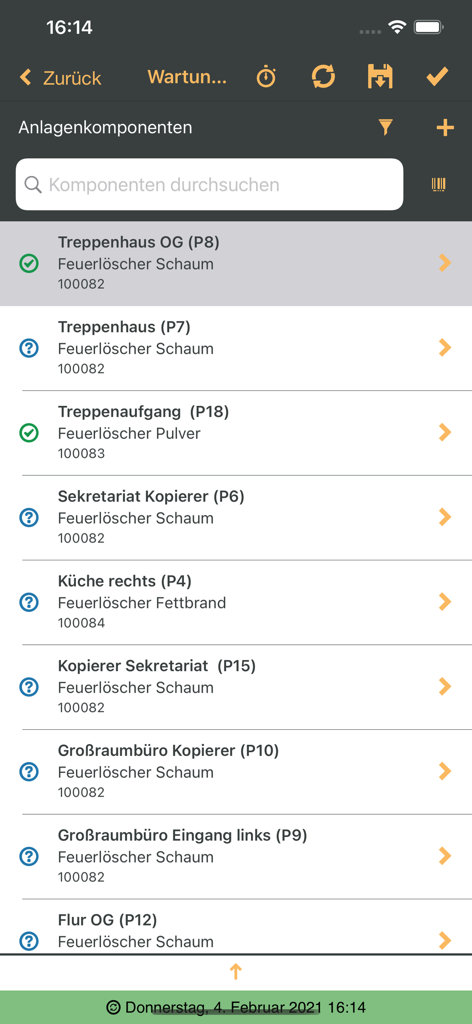 Screenshot von esmobile 14, der eine Liste von Brandschutzkomponenten und Gerätestandorten für die Inspektion anzeigt