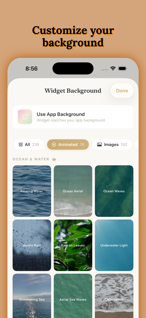 Bible Plus: Pray, Study & Read - Interface de l'application Bible Plus montrant une bibliothèque de fonds d'écran sur le thème de la nature pour les widgets, y compris des vagues océaniques, de la pluie et des scènes de forêt.