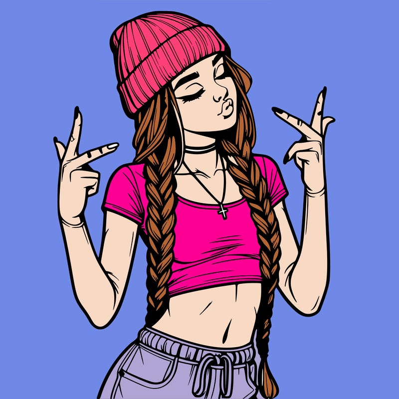 realistic teenage girl with braids and a beanie and crop top doing 🫶🏼