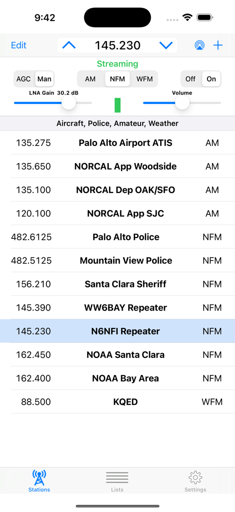 SDR Receiver app interface showing radio frequency list including airport, police, and weather stations with technical tuning controls.